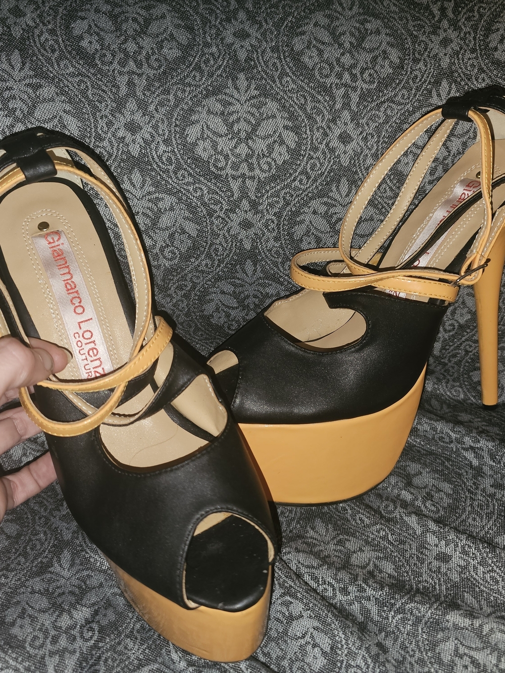 Vintage Gianmarco Lorenzi Black and Orange Platform Peep-Toe Sandals